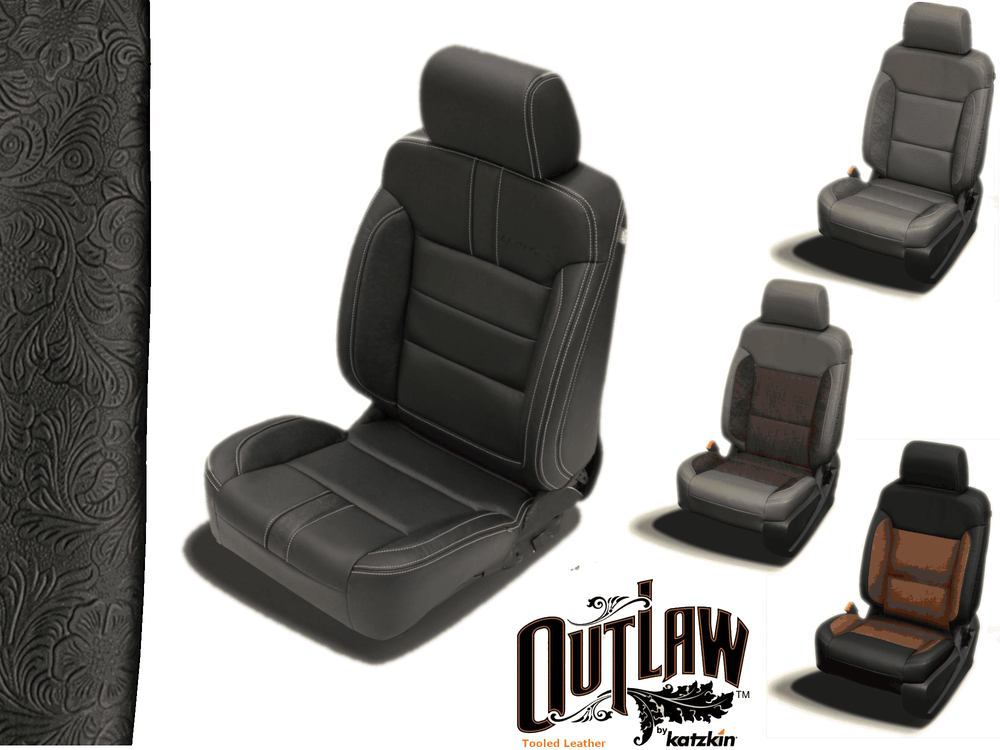 Custom Chevy Truck Seats, Silverado Outlaw Edition, Tooled Leather 2014 - 2018 | Picture # 1 | OEM Seats