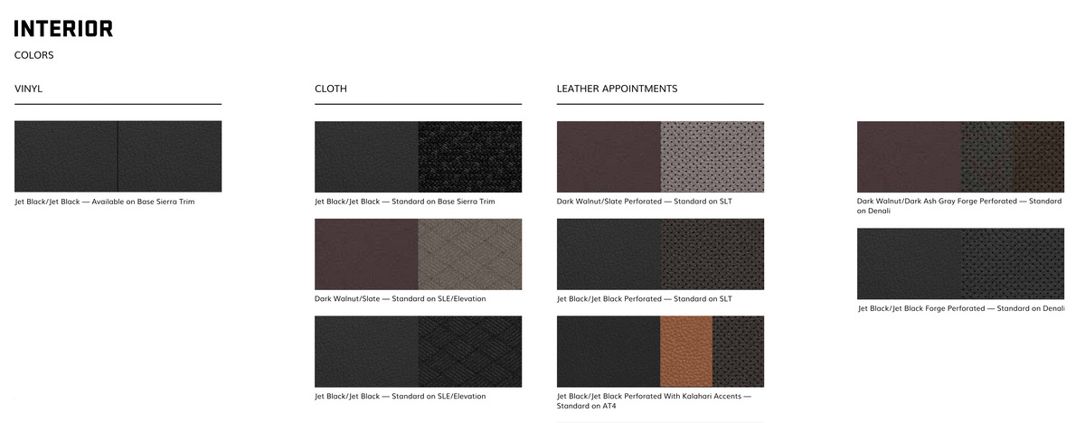 GM Pickup Truck Seat materials and color swatches